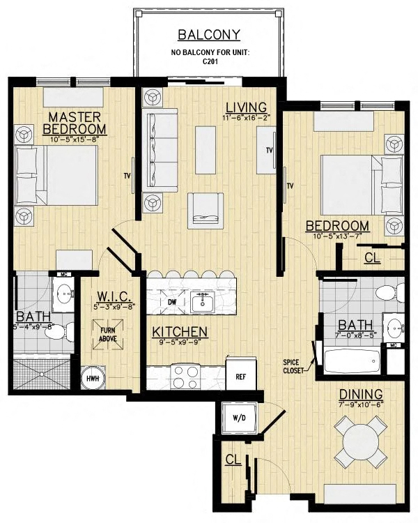 Floor plan for 2 beds, 2 baths, 1015 sqft